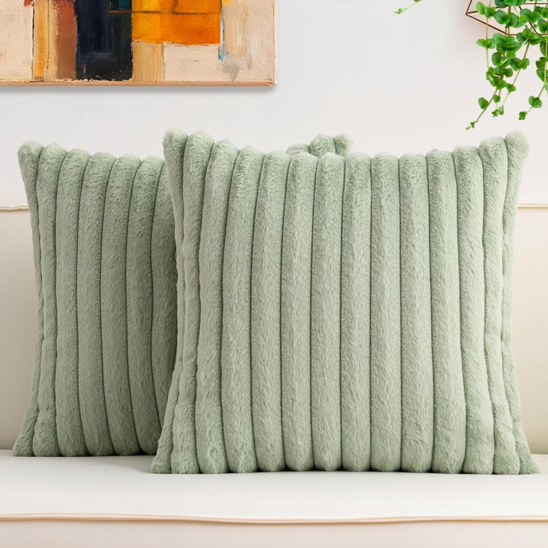 Aegero Pack of 2 Faux Fur Christmas Throw Pillow Covers 18x18 Inch Soft Plush Striped Neutral Couch Pillow Cover with Velvet Back Modern Home Decor for Sofa Living Room Couch Bed Sage Green - Image 2
