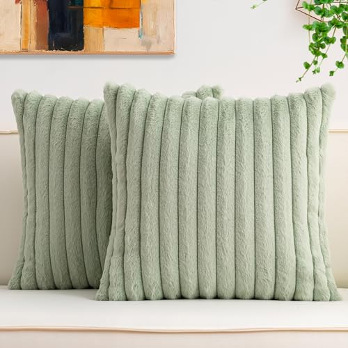 Aegero Pack of 2 Faux Fur Christmas Throw Pillow Covers 18x18 Inch Soft Plush Striped Neutral Couch Pillow Cover with Velvet Back Modern Home Decor for Sofa Living Room Couch Bed Sage Green - Image 1