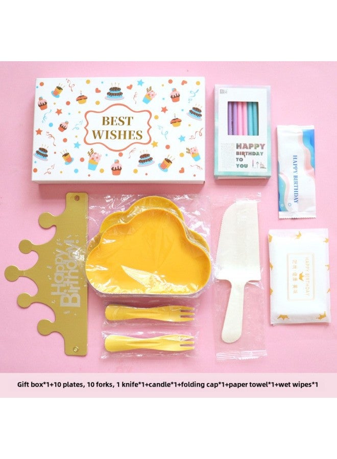 Birthday Dinner Plate Cake Tableware Food Grade Plastic Dinner Plate Disposable Paper Plate Candle Wet Wipes Four-in-one-Color:Luxurious Colorful Clouds For Ten People - Image 1