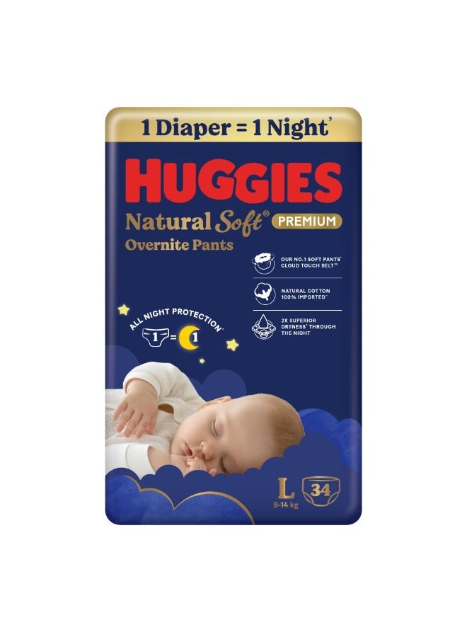 Huggies Natural Soft Overnite Diaper Pants| Premium Pant Style Baby Diapers Medium Size (L Size | 9-14 Kgs), 34 count| Keeps baby dry all night with cloud softness all over - Image 1