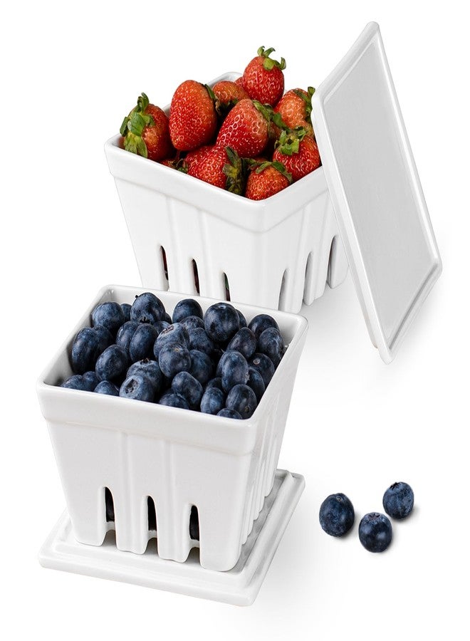 Dizada Ceramic Berry Basket with Lids, Fruit Bowl/Baskets with Covers, 5 Inch Colander For Kitchen, Fruit Bowls for Strawberry, Grape, Cherry, Berries, Stoneware Harvest Bowls Set of 2, White - Image 1