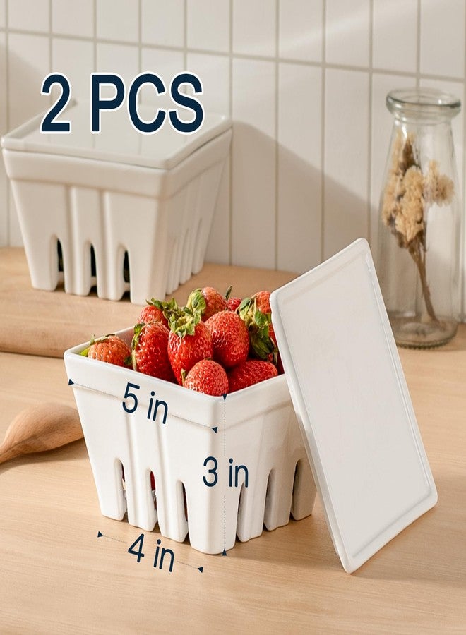 Dizada Ceramic Berry Basket with Lids, Fruit Bowl/Baskets with Covers, 5 Inch Colander For Kitchen, Fruit Bowls for Strawberry, Grape, Cherry, Berries, Stoneware Harvest Bowls Set of 2, White - Image 2