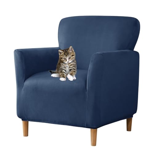 SONNACH Stretch Chair Covers with Arms 1-Piece Banquet Armchair Slipcover Velvet Mid Century Modern Armchair Slipcover Anti-Slip Furniture Protector for Living Room Friendly for Kids Pets (Navy) - Image 1