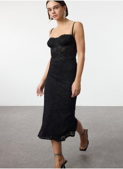 trendyol Black Knitted Lined Lace Midi Dress TPRAW25EL00120  - Image 2