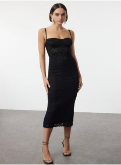 trendyol Black Knitted Lined Lace Midi Dress TPRAW25EL00120  - Image 1