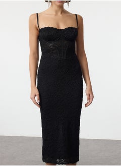 trendyol Black Knitted Lined Lace Midi Dress TPRAW25EL00120  - Image 3