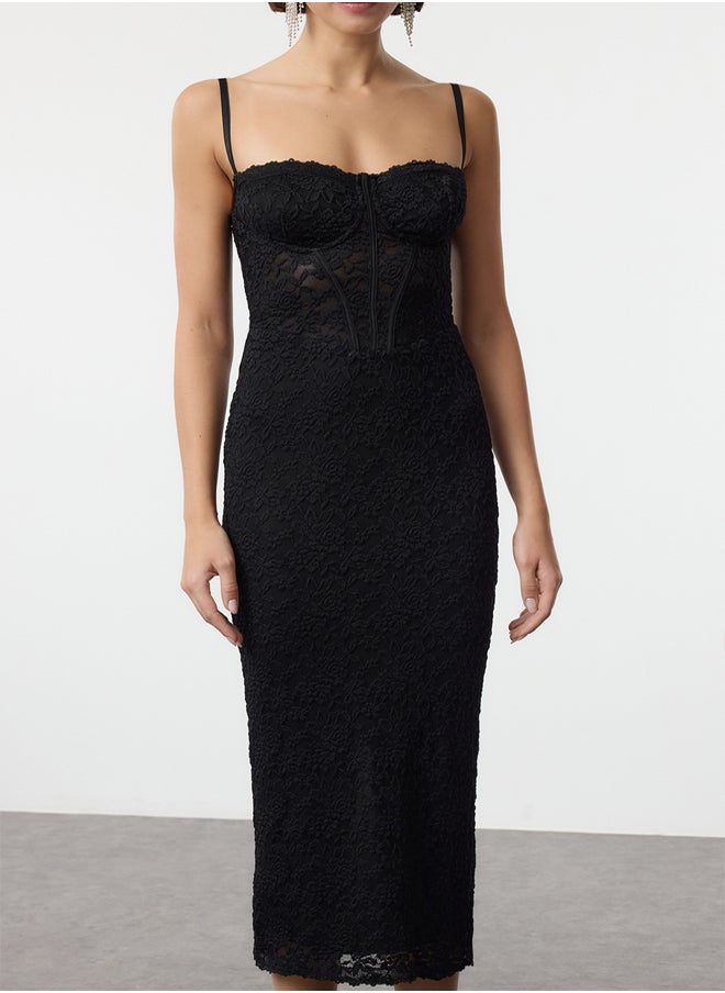 trendyol Black Knitted Lined Lace Midi Dress TPRAW25EL00120  - Image 3