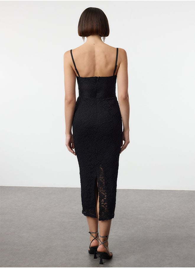 trendyol Black Knitted Lined Lace Midi Dress TPRAW25EL00120  - Image 5