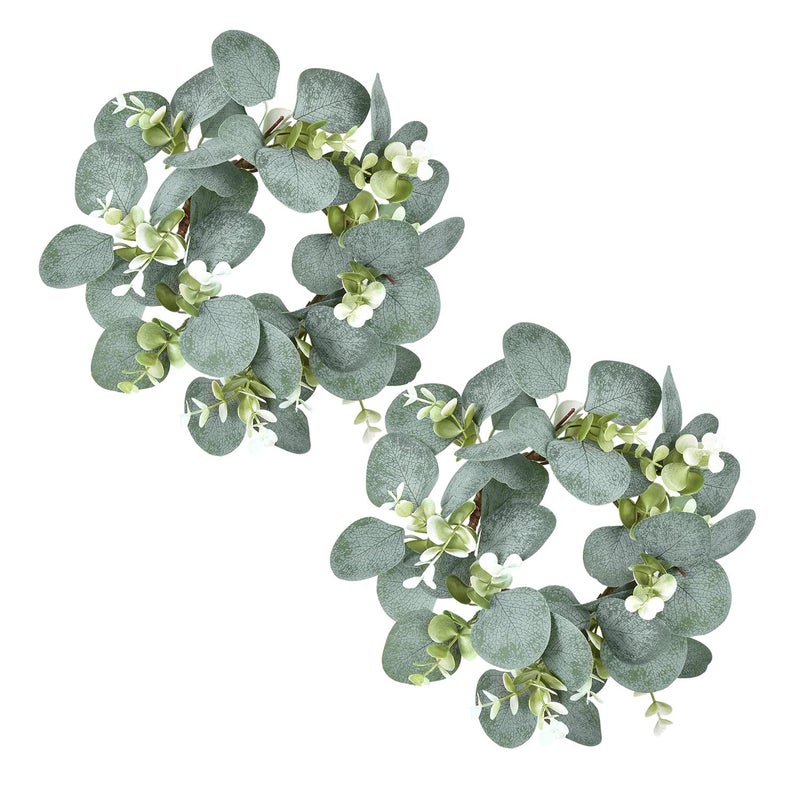 LSKYTOP 2 Pcs Eucalyptus Faux Kitchen Cabinet Artificial Greenery Farmhouse Wreath for Door Wall Window Decor 9InchPC