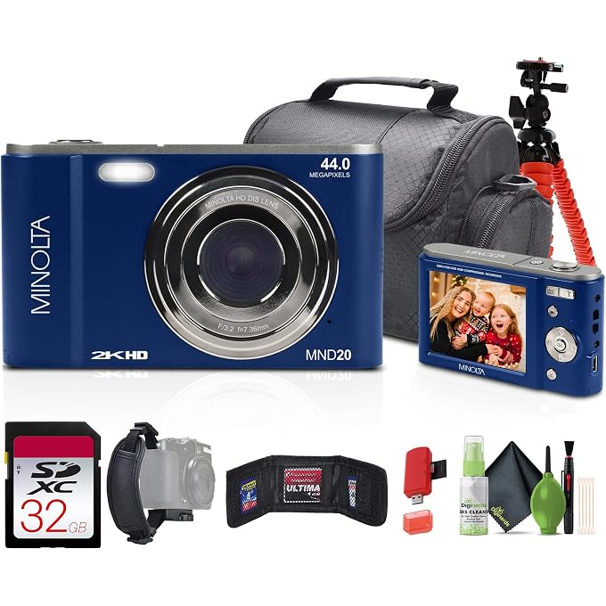 Minolta MND20 44 MP / 2.7K Quad HD Digital Camera (Blue) + 32GB Memory Card + 12 inch Flexible Tripod + Memory Card Wallet + USB Card Reader, SD/microSD + More - Image 1