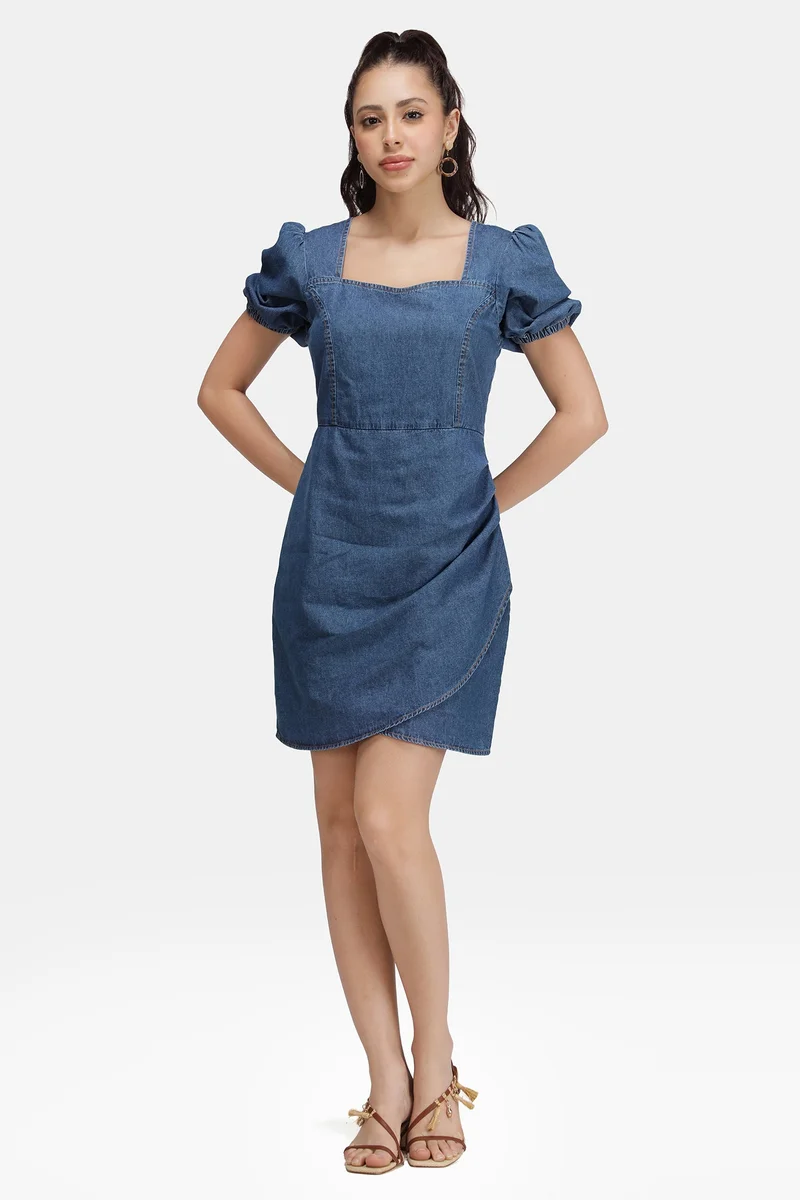 فيرجيو Solid Cotton Denim Pleated Mini Dress for Women