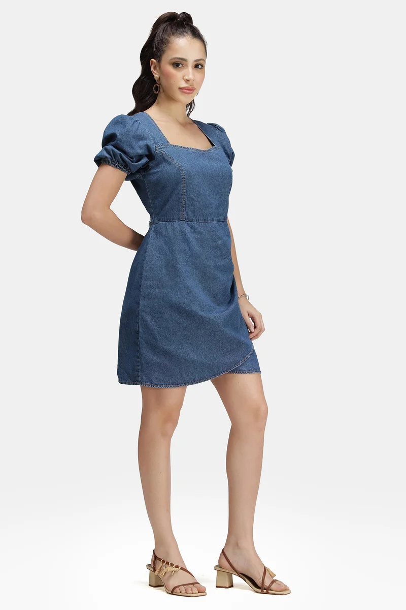 Virgio  Solid Cotton Denim Pleated Mini Dress for Women for Women | Best Price UAE