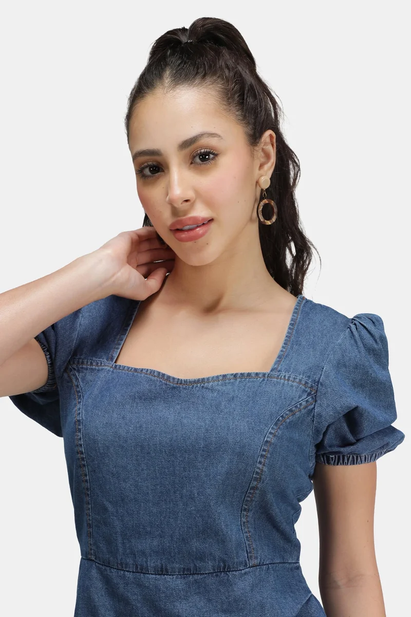 Virgio  Solid Cotton Denim Pleated Mini Dress for Women for Women | Best Price UAE
