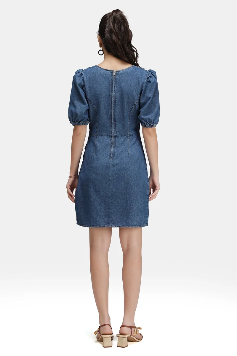 Virgio  Solid Cotton Denim Pleated Mini Dress for Women for Women | Best Price UAE