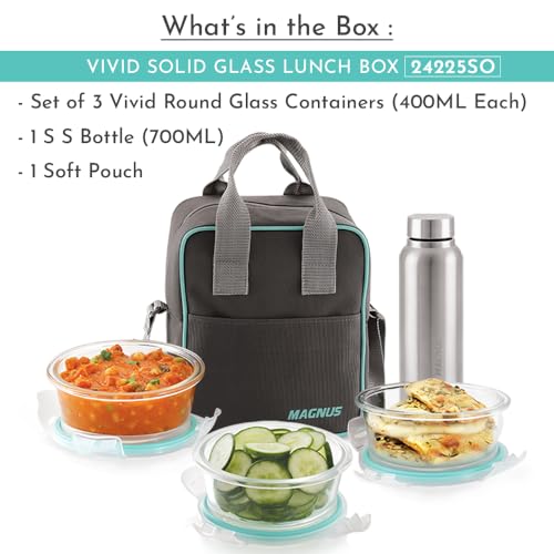 Magnus Vivid Glass Lunch Box with Vertical Pouch and Fixed Clip, 1 S S Bottle (700ml) and 3 Round Airtight, Leakproof, Microwave Safe Borosilicate Glass Containers, 400 ML Each - Premium Lunch Boxes - Image 2
