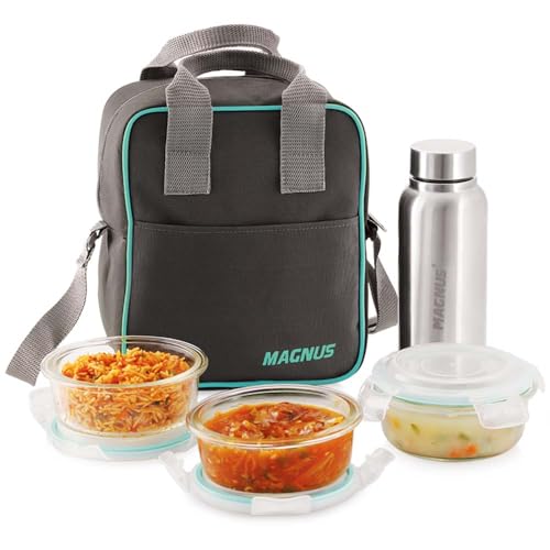Magnus Vivid Glass Lunch Box with Vertical Pouch and Fixed Clip, 1 S S Bottle (700ml) and 3 Round Airtight, Leakproof, Microwave Safe Borosilicate Glass Containers, 400 ML Each - Premium Lunch Boxes - Image 1