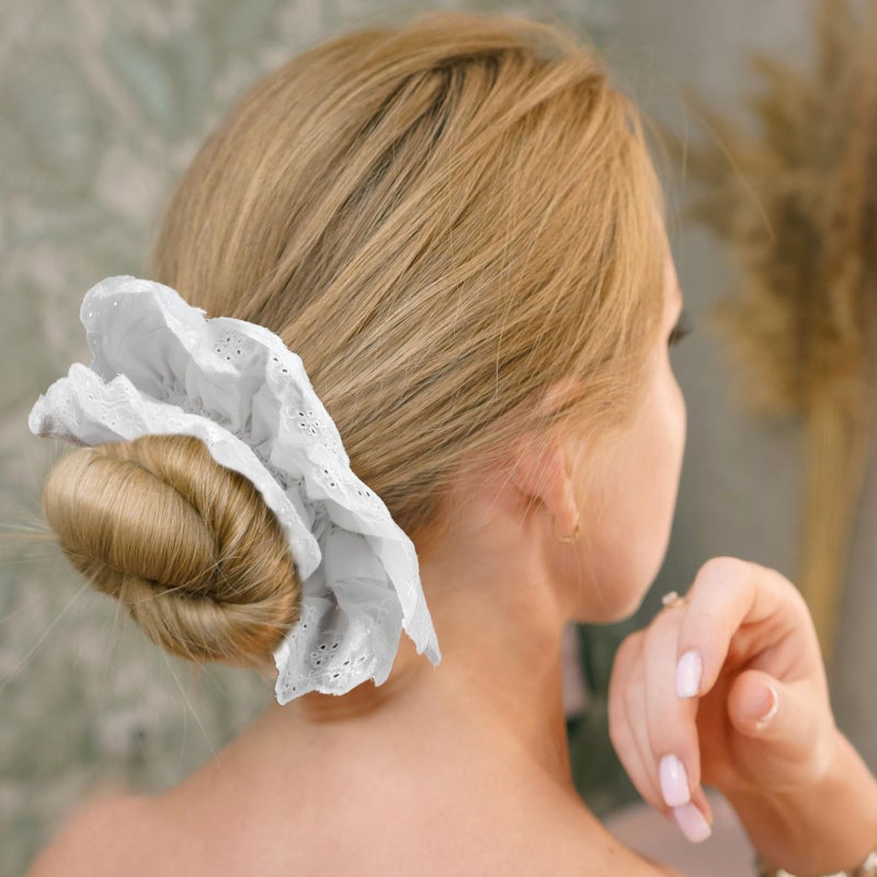 Dimeho White Scrunchies for Women Large Lace Scrunchies Elastic Hair Ties No Damage Double Layer Hair Bands (white) - Image 4