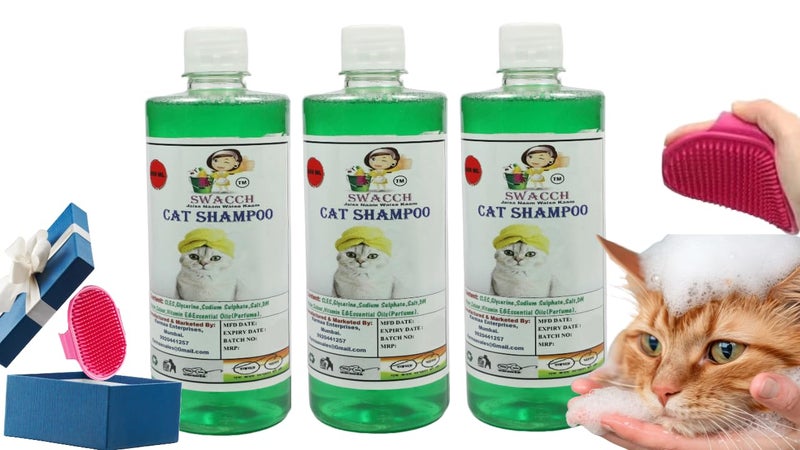 Swacch Cat Shampoo -500ml (Pack of 3) (Neem Alovera) + Bath Brush with Adjustable Straps Combo Pack - Image 1