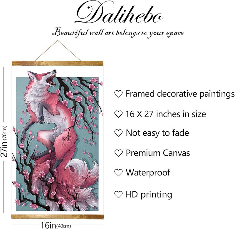 DALIHEBO دالي هيبو ديكور حائط ياباني - فن حائط على قماش ملصق رجعي للثعلب وساكورا - لغرفة المعيشة غرفة النوم مكتب مطعم إطار خشبي مغناطيسي قابل للتعليق (16 × 27 بوصة) - Image 1