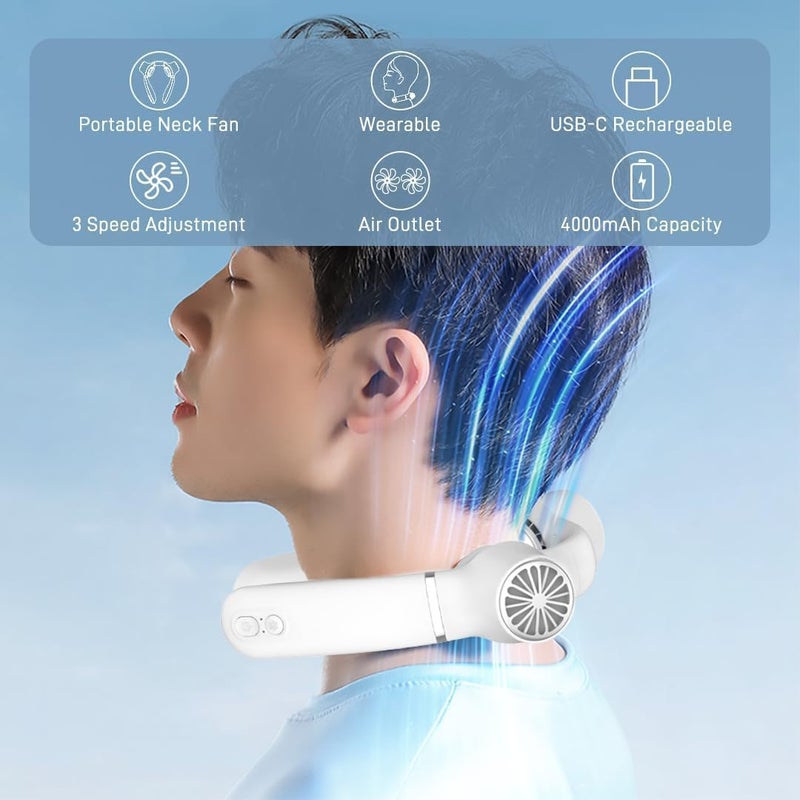 auskang Neck Fan Air Conditioner,Portable Air Cooler with Refrigerating Chip,Hands-Free Rechargeable Cooling Fan,Wearable Neck Cooler,3 Speeds Adjustable Bladeless Fans for Outdoor, Concerts, and Travel-White - Image 2