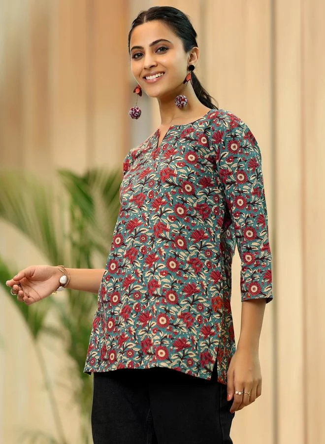 Libas Blue Printed Cotton Straight Kurti