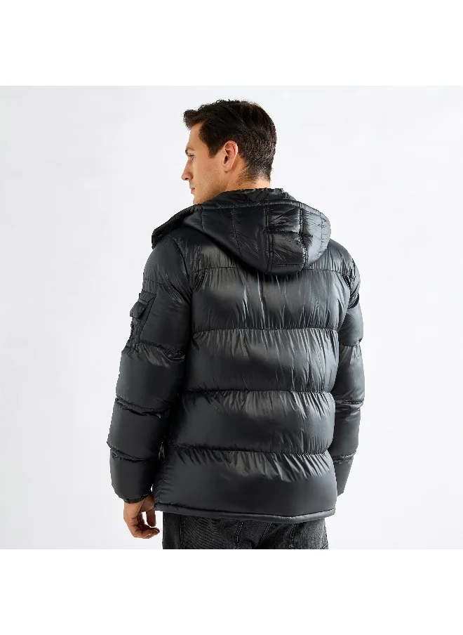FAV Solid Zip Through Puffer Jacket with Hood and Pockets