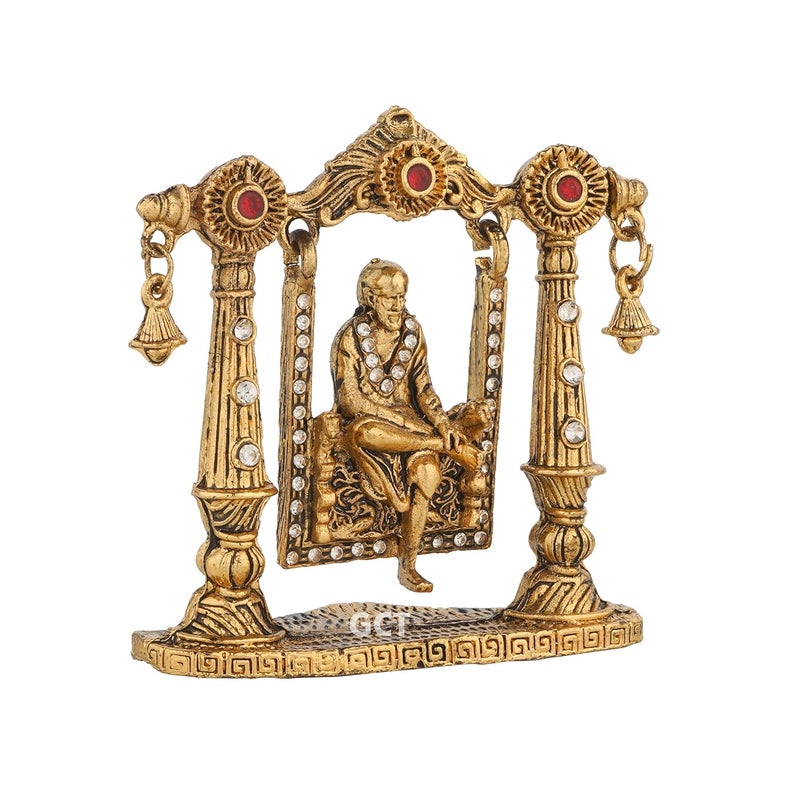 GCT Shirdi SAI Baba on Jhula Idol B199 Antique Gold Metal Statue for Car Dashboard Home Dcor Mandir Pooja Murti Temple Puja Office Table Showpiece - Image 3