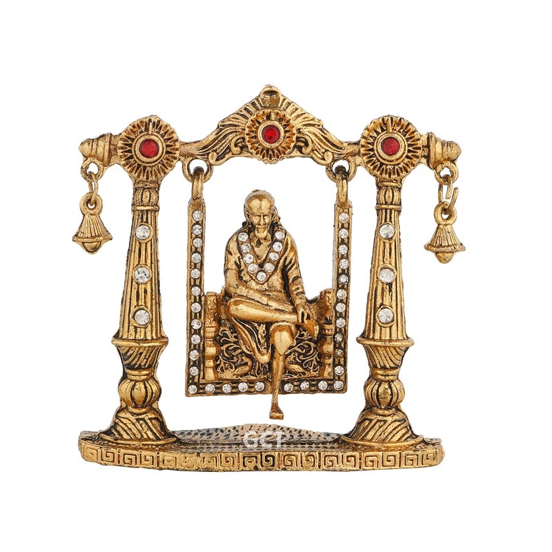 GCT Shirdi SAI Baba on Jhula Idol B199 Antique Gold Metal Statue for Car Dashboard Home Dcor Mandir Pooja Murti Temple Puja Office Table Showpiece - Image 1