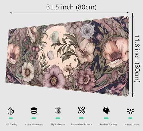 DCJJM Pastel Purple Floral XL Large Gaming Mouse Pad Pink Flower Forest Desk Mat with Stitched Edges, Non-Slip Rubber Base Mousepad Laptop Computer Keyboard and Mouse Mat 31.5x11.8 in - Image 2