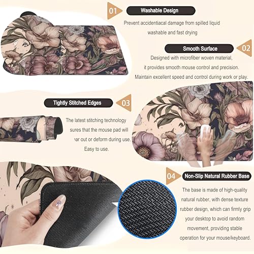 DCJJM Pastel Purple Floral XL Large Gaming Mouse Pad Pink Flower Forest Desk Mat with Stitched Edges, Non-Slip Rubber Base Mousepad Laptop Computer Keyboard and Mouse Mat 31.5x11.8 in - Image 5