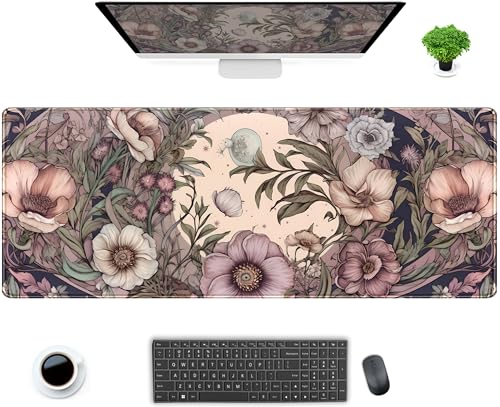 DCJJM Pastel Purple Floral XL Large Gaming Mouse Pad Pink Flower Forest Desk Mat with Stitched Edges, Non-Slip Rubber Base Mousepad Laptop Computer Keyboard and Mouse Mat 31.5x11.8 in - Image 1