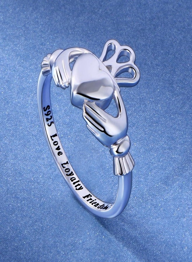 Flyow S925 Sterling Silver Love Loyalty Friendship Irish Ladies' Claddagh Ring Size 7 - Image 4
