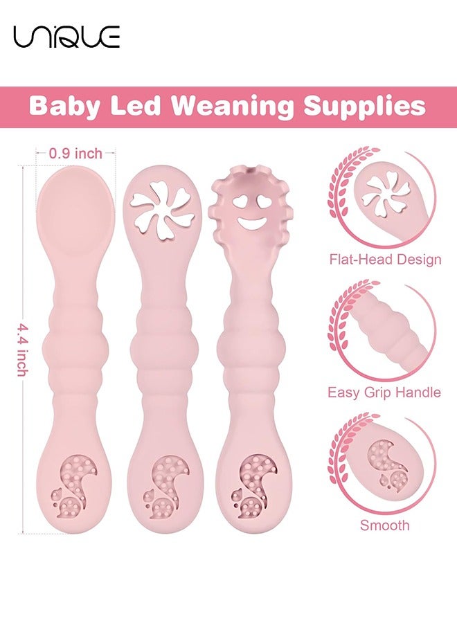 Unique Silicone Baby Spoons Self Feeding 6+ Months, 3PCS Toddler Forks and Spoons Utensils Baby Led Weaning Teething Spoon Infant Spoons First Stage Newborn Baby Essentials Baby Gifts(Pink)  - Image 2