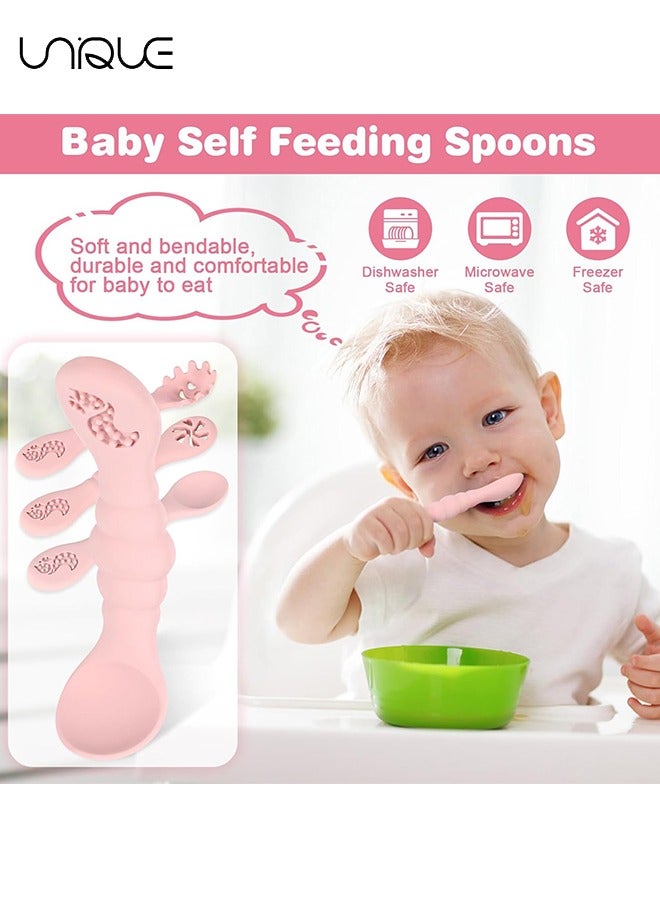 Unique Silicone Baby Spoons Self Feeding 6+ Months, 3PCS Toddler Forks and Spoons Utensils Baby Led Weaning Teething Spoon Infant Spoons First Stage Newborn Baby Essentials Baby Gifts(Pink)  - Image 4