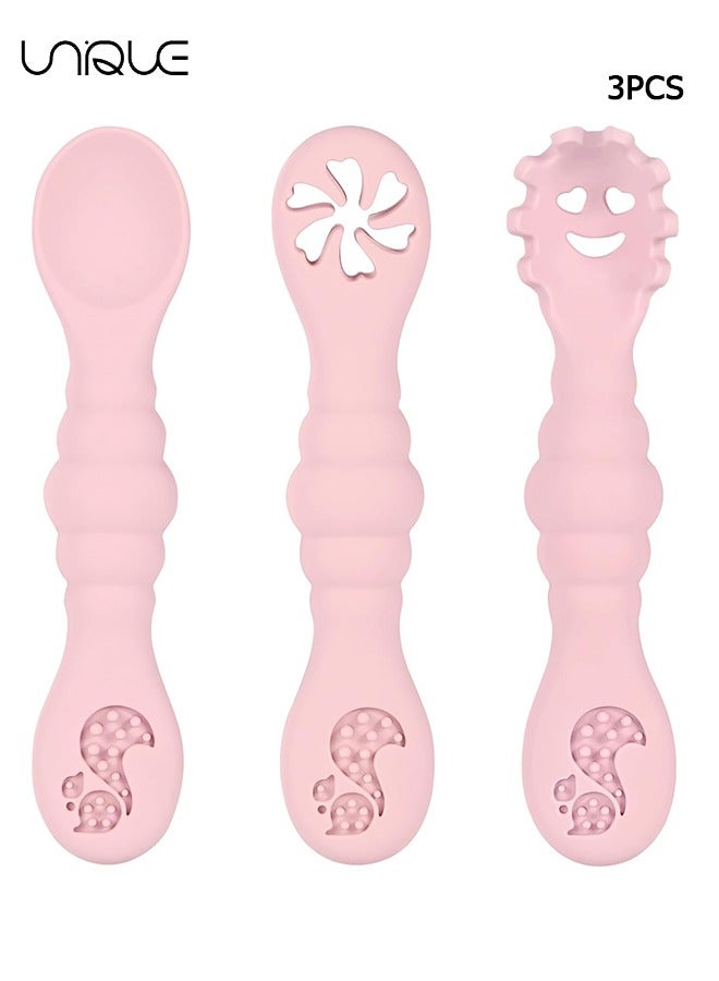 Unique Silicone Baby Spoons Self Feeding 6+ Months, 3PCS Toddler Forks and Spoons Utensils Baby Led Weaning Teething Spoon Infant Spoons First Stage Newborn Baby Essentials Baby Gifts(Pink)  - Image 1
