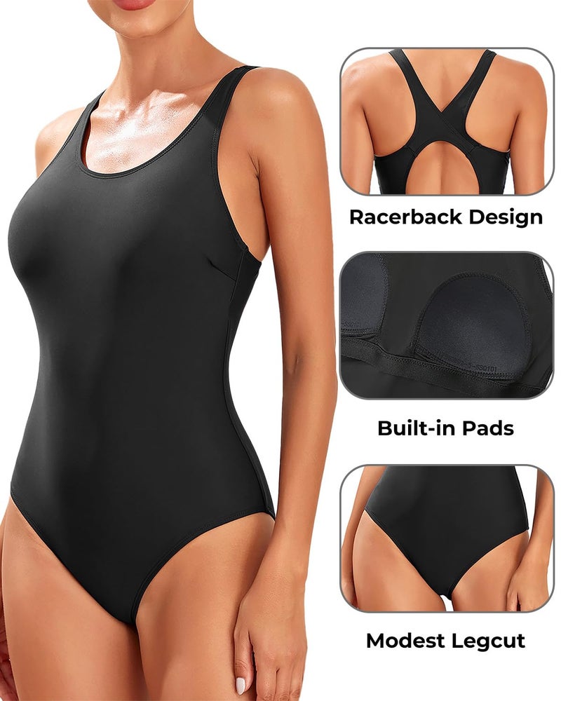 Tempt Me Black Women Athletic One Piece Swimsuits Sporty Racerback Bathing Suits Full Coverage Modest Swimwear M - Image 3
