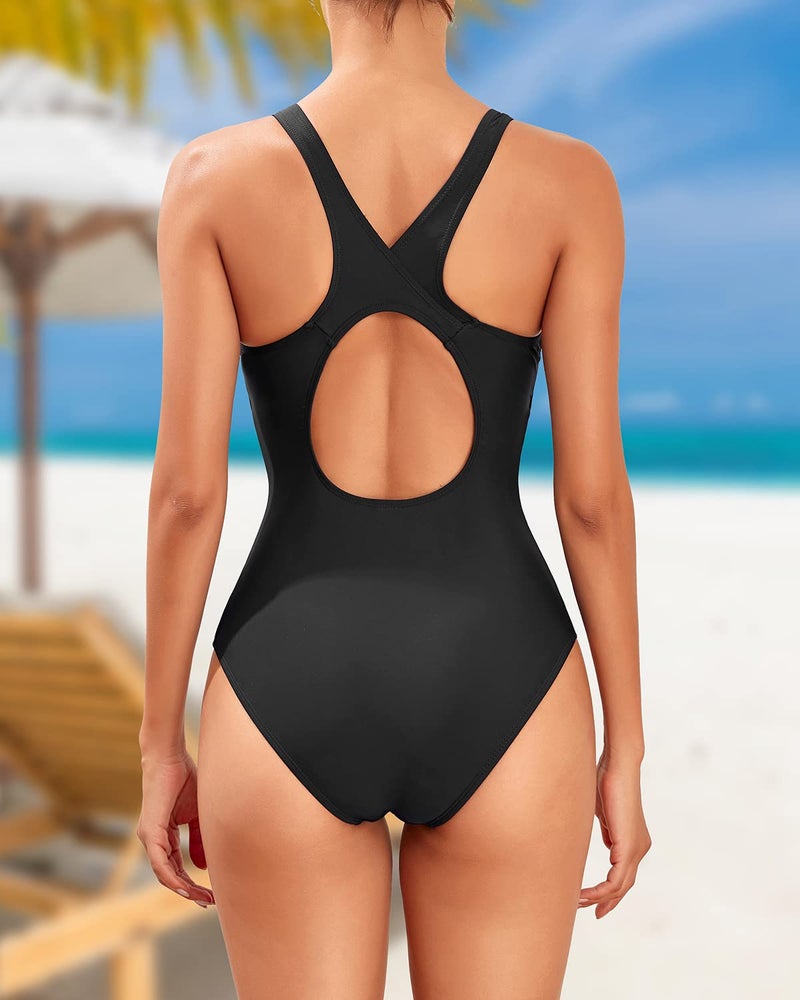 Tempt Me Black Women Athletic One Piece Swimsuits Sporty Racerback Bathing Suits Full Coverage Modest Swimwear M - Image 2