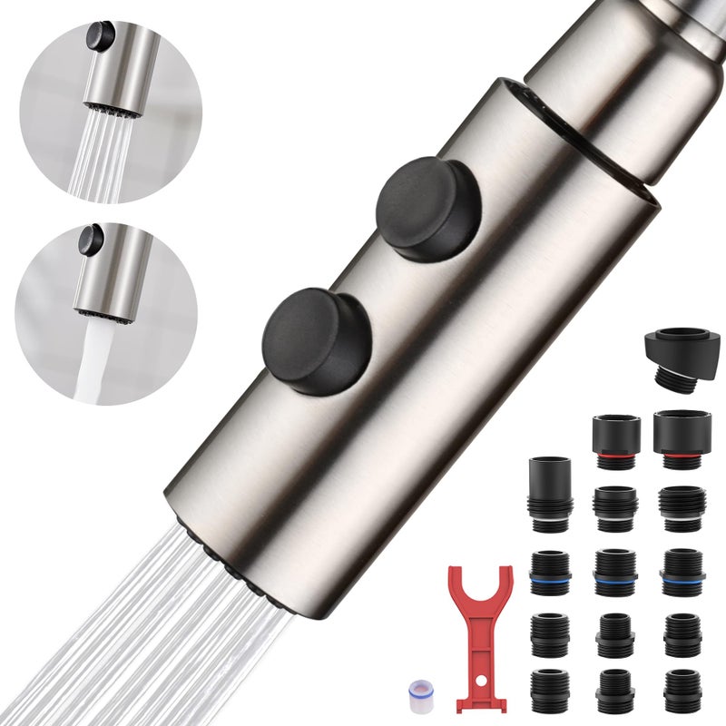 TIORIY Metal Kitchen Faucet Head Replacement, Pull Down Spray Head with 15 Adapters, 2 Function Kitchen Sink Spray Nozzle, Stainless Steel, Brushed Nickel - Image 1