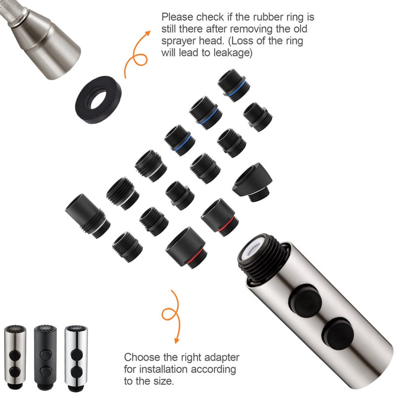 TIORIY Metal Kitchen Faucet Head Replacement, Pull Down Spray Head with 15 Adapters, 2 Function Kitchen Sink Spray Nozzle, Stainless Steel, Brushed Nickel - Image 4