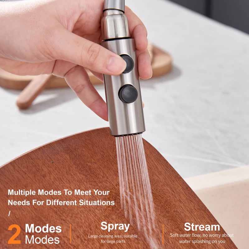 TIORIY Metal Kitchen Faucet Head Replacement, Pull Down Spray Head with 15 Adapters, 2 Function Kitchen Sink Spray Nozzle, Stainless Steel, Brushed Nickel - Image 3