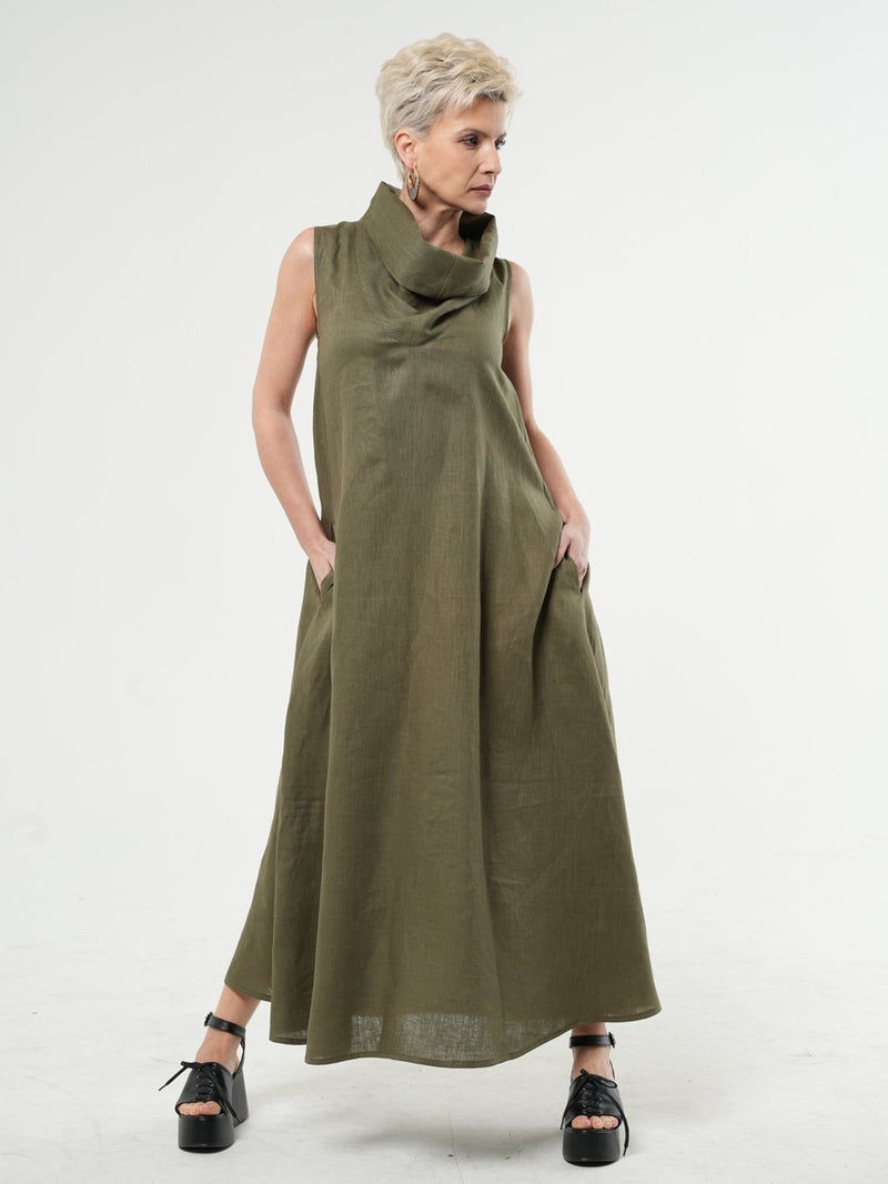 Metamorphoza Khaki Linen Dress With Large Collar - Image 1
