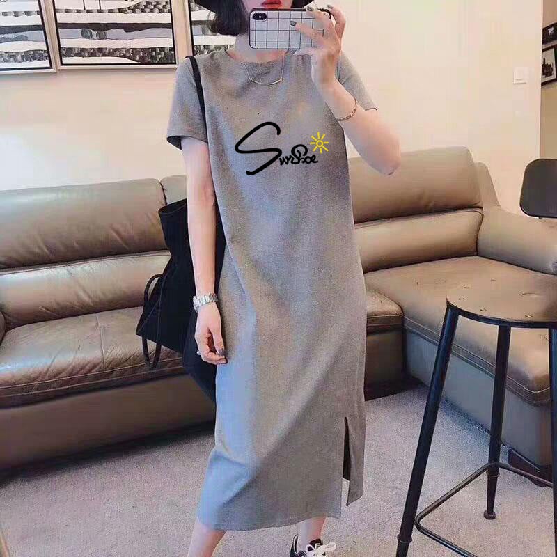 Korean casual summer new simple dress 2021 pullover loose printed dress womens shirt a generation of hair 2304 Gray 
