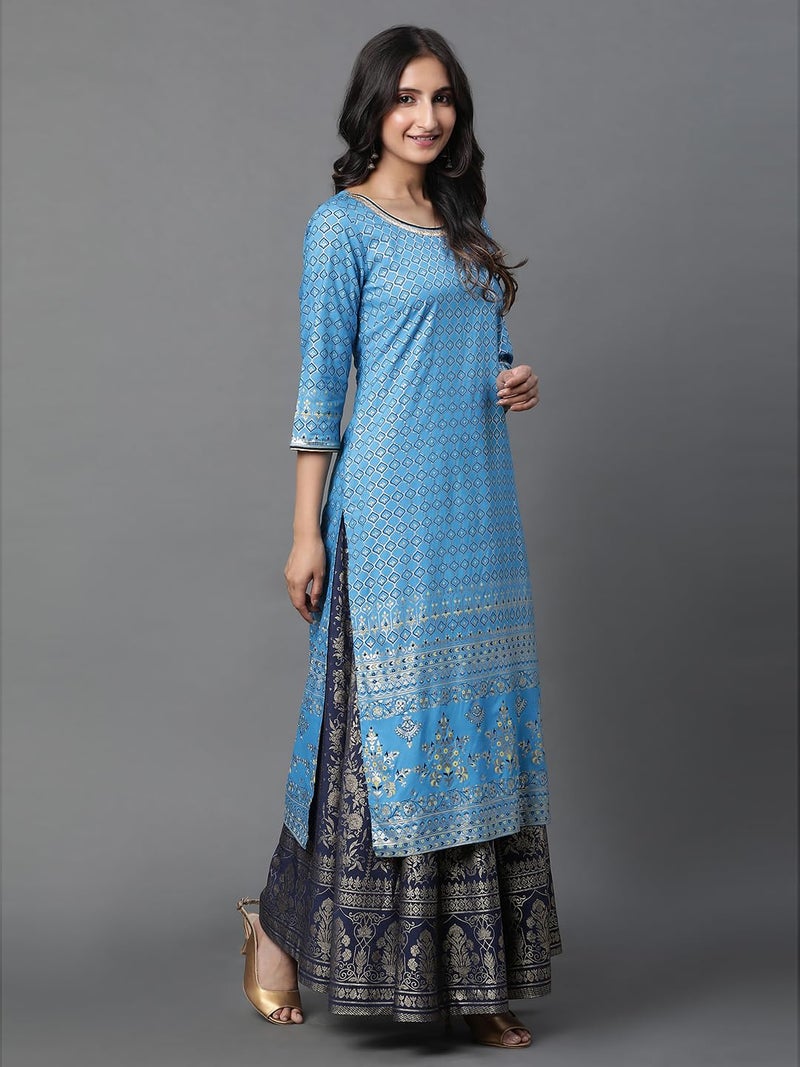Aurelia Blue Foil Print Straight Long Kurta - Image 5