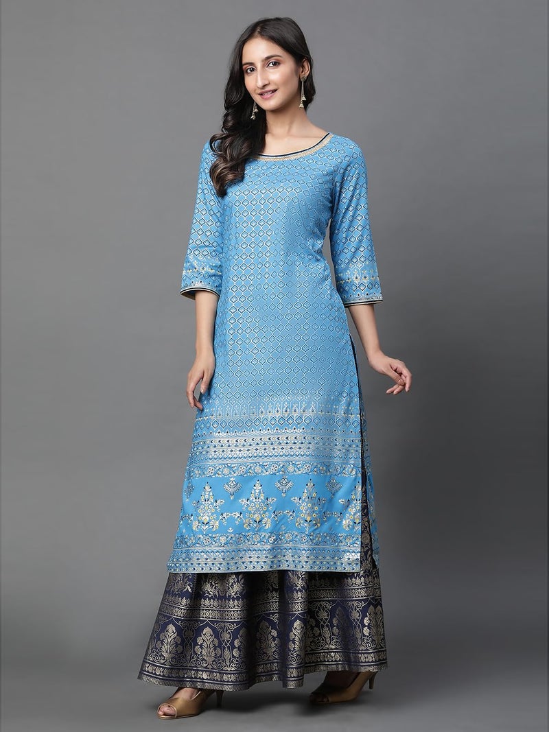 Aurelia Blue Foil Print Straight Long Kurta - Image 3