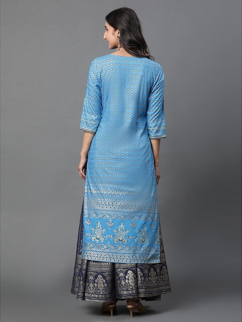 Aurelia Blue Foil Print Straight Long Kurta - Image 4
