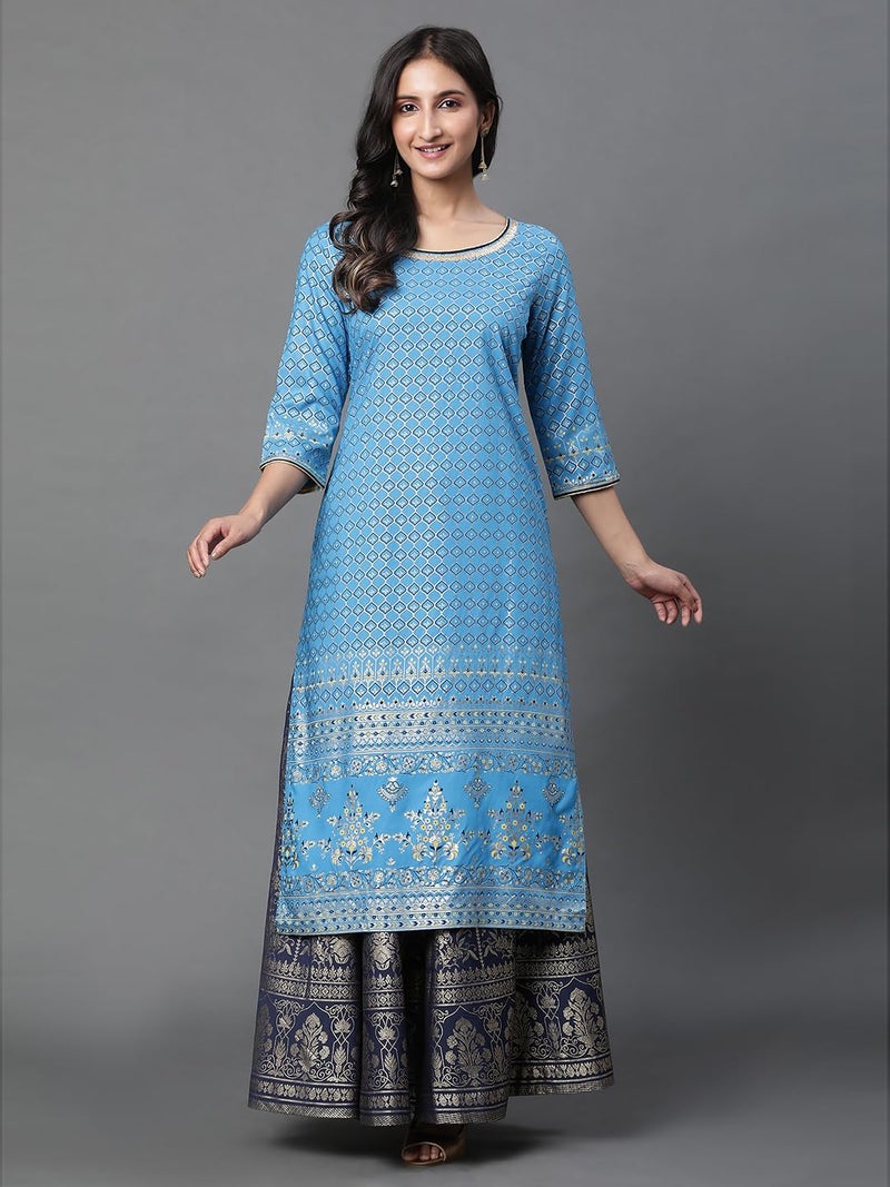 Aurelia Blue Foil Print Straight Long Kurta - Image 2