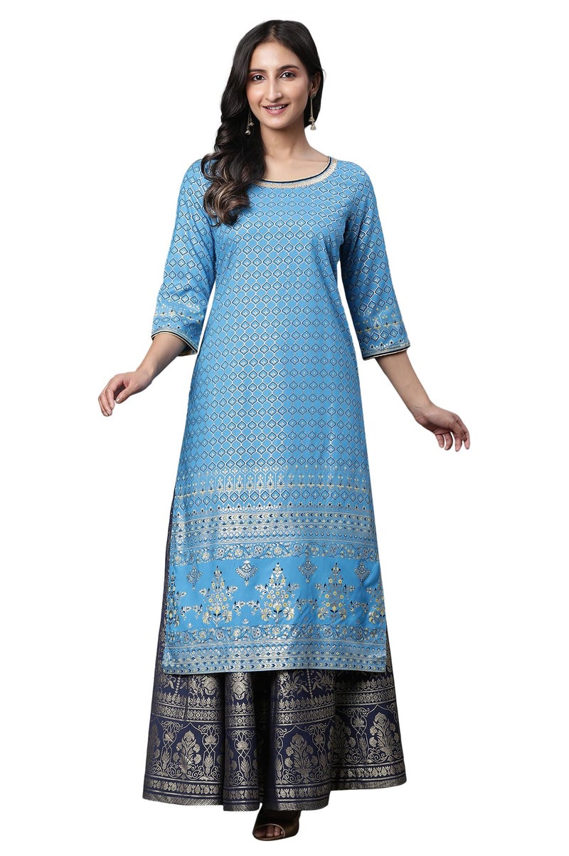 Aurelia Blue Foil Print Straight Long Kurta - Image 1