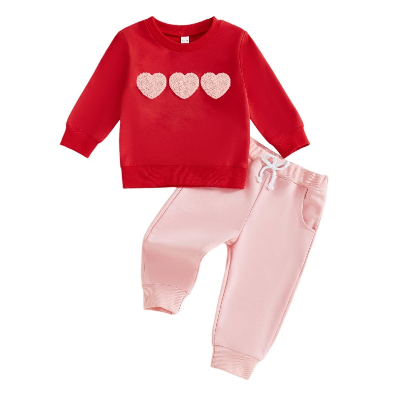 Fernvia Toddler Baby Girl Valentineâ€™s Day Outfits Heart Print Pullover Sweatshirts & Pants Set Fall Winter Clothes (Red, 2-3T) - Image 1