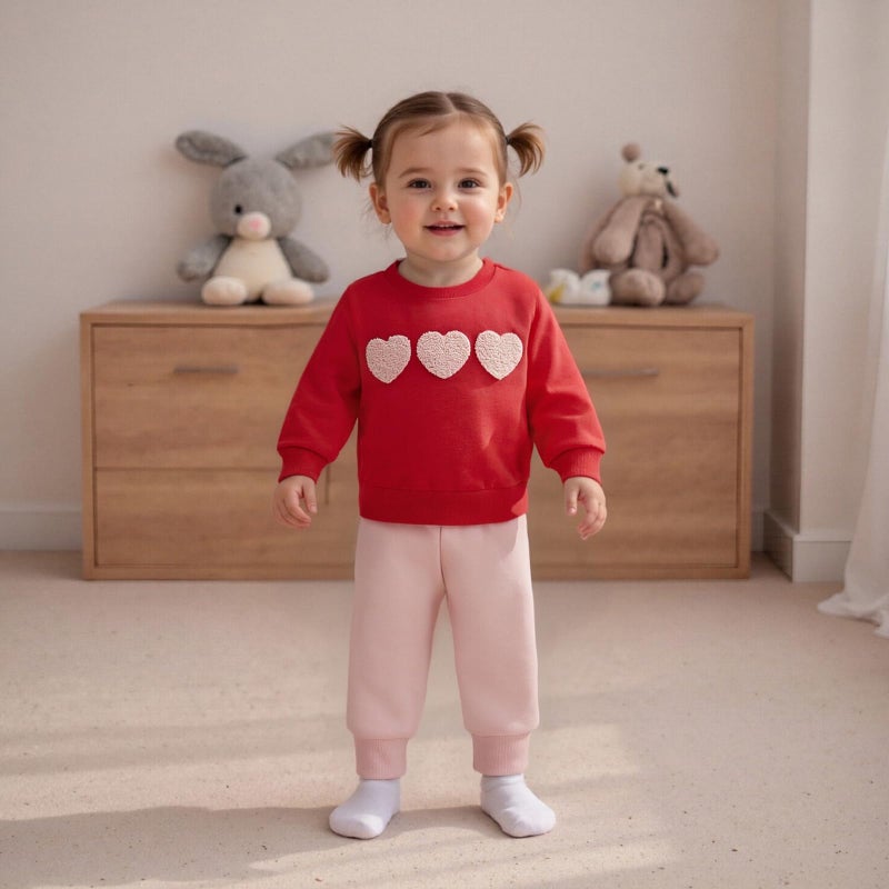 Fernvia Toddler Baby Girl Valentineâ€™s Day Outfits Heart Print Pullover Sweatshirts & Pants Set Fall Winter Clothes (Red, 2-3T) - Image 3