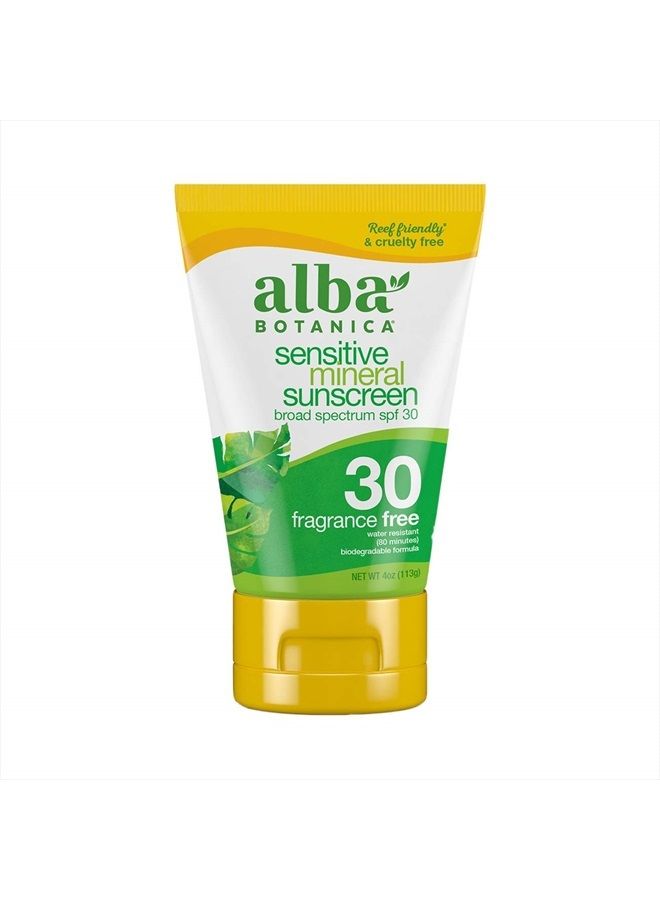 Alba Botanica Sunscreen Lotion, Sensitive Mineral, SPF 30, Fragrance Free, 4 Oz - Image 1